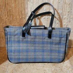 Vintage Lauren Ralph Lauren Blue Plaid Fabric Black Leather Tote Purse